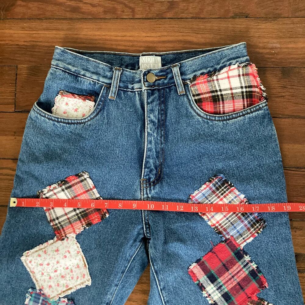 90s Moda Intl Medium Blue Patchwork High Rise Mom… - image 7